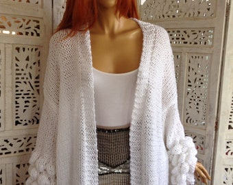 jacket coat hand knitted white long XL oversized open knit chunky comfy slouchy bobble sleeves ecological long cardigan by golden yarn