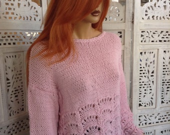 pink sweater handmade knitted from  soft wool yarn romantic lace sweater gft idea for her women clothing by goldenyarn