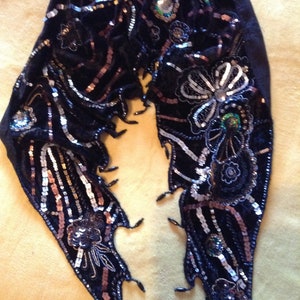 Boho Black Velvet Scarf: Handmade Embroidered Sequin Beaded Accessory