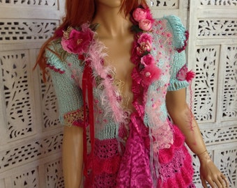 jacket hand Knit Crochet tyrquoise Lace Cardigan Embroidered : Romantic Ruffle Fairy Jacket women knit artwear,gifts