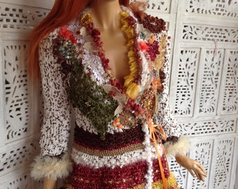 Chaqueta de punto de chenilla hecha a mano, cárdigan bordado, ropa de arte bohemia, abrigo, regalos