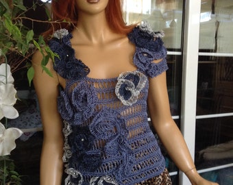 top hand crochet silk in shades of denim blue metallic silver sequins mesh sweater lace snails and roses one sleeve OOAK by goldenyarn