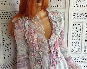 10% OFF jacket wearable art sparkle romantic fairy sexy feminine all embroidered  with pearls in rainbow tie dye colors by golden yarn