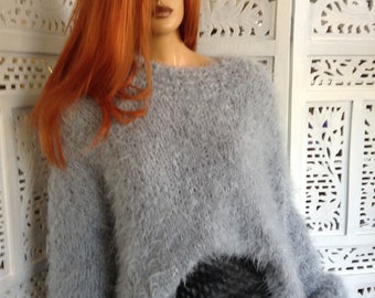 sweater oversized handmade knitted mohair warm very soft grey light blue jumper last ready to ship by golden yarn