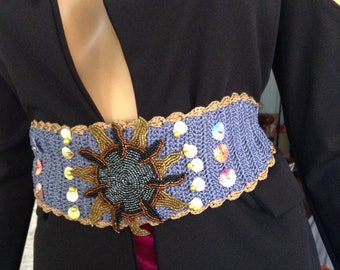 belt blue silk handmade crochet beaded crystals embroidered women accessories by goldenyarn