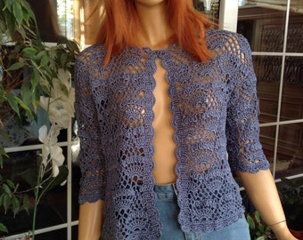 jacket bolero silk hand crochet denim blue 3/4 sleeve ready to ship by goldenyarn