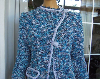jacket Handmade Velvet Knit Cardigan: Ocean Blue Tweed, Crochet Detail,Women Knitwear,Gifts