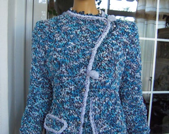 30% OFF velvet jacket classic tweed handmade double breasted flattering knitted jacket in bright blue gift idea for her by golden yarn