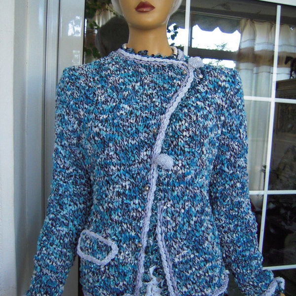 30% OFF velvet jacket classic tweed handmade double breasted flattering knitted jacket in bright blue gift idea for her by golden yarn