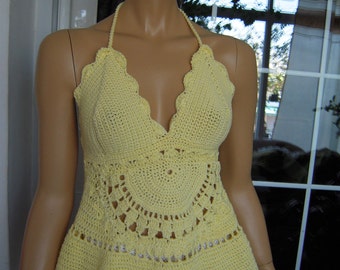 50% OFF top beach handmade crochet mini dress in pale yellow cotton size M or L ready to ship gift idea for her OOAK by golden yarn