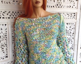 20%OFF sweater rainbow colors romantic dreamy net sleeves off shoulders jumper  by golden yarn