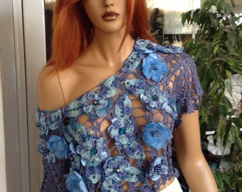 15% OFF denim blue silk crop top hand crochet embroidered with handmade flowers off shoulder OOAK ready to ship by goldenyarn