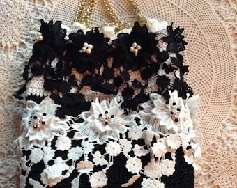 bag pouch bag romantic crochet french lace black and white delicate piece of art wedding fashion design  unique by golden yarn