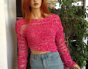 sweater handmade  knit off shoulder mesh asymmetrical cropped top in fuchsia velvet OOAK last one by goldenyarn