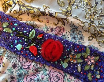 20% OFF belt deep bleu purple silk hand crochet and hand embroidered beaded boho luxurious accessories for women by goldenyarn