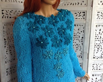 50% OFF sweater blue handmade fluffy sweater embroidered top turquoise soft ready to ship by goldenyarn