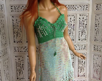 10% OFF dress romantic handmade crochet  summer with shrug/asymmetrical green shades sexy  dress OOAK gift idea for her by goldenyarn