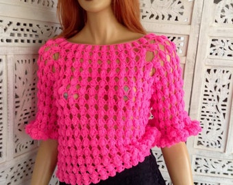 10%OFF top sweater neon pink bobble stitch top handmade crochet ruffle sleeves romantic high fashion top OOAK in last one  by golden yarn