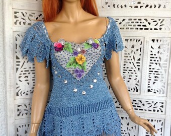 hysteric glamour crochet dress Mini Hand Metallic Sky Blue Embroidered Crystal Mermaid Gown Luxury Women Knitwear,gifts Size:11/45 Burberry Check Cotton Shirt Rewards Members Extra 10% off NH May and a side slit Crochet knit