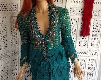 Conjunto de chaqueta y falda de crochet, seda bordada, arte para vestir, mujeres, crochet, lujo, raro, único, regalos