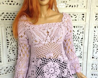 25% OFF top hand crochet pale lilac dream loose asymmetrical romantic bell sleeves off shoulders festival  gift idea for her by golden yarn