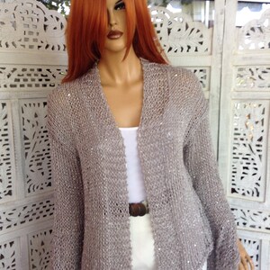 jacket grey sparkle soft cotton sequins extra long sleeve with slit delicate sweater size L gift idea for her by golden yarn image 8