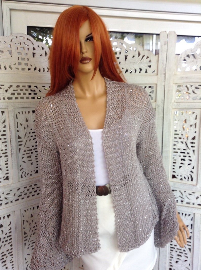 jacket grey sparkle soft cotton sequins extra long sleeve with slit delicate sweater size L gift idea for her by golden yarn image 8