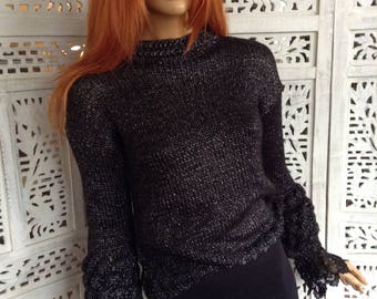 sweater silver black luxury bobble lace sleeves sexy jumper handmade knitted ready to ship gift idea by golden yarn