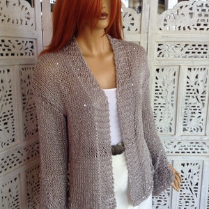jacket grey sparkle soft cotton sequins extra long sleeve with slit delicate sweater size L gift idea for her by golden yarn image 2