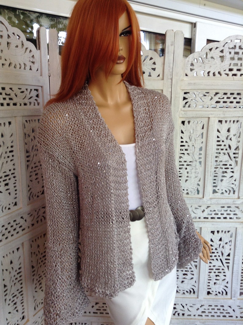 jacket grey sparkle soft cotton sequins extra long sleeve with slit delicate sweater size L gift idea for her by golden yarn image 2