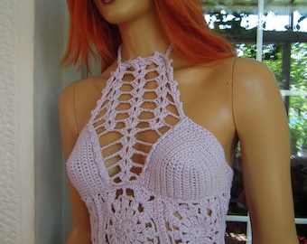 Handmade Crochet Cotton Halter Top: Lilac Festival Beach Bra