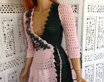 30% OFF dress crochet handmade knitted green pink cotton embroidered A line flattering dress by golden yarn