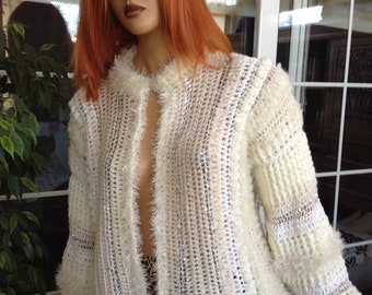 jacket cropped hand crochet sequins wool off white OOAK by goldenyarn