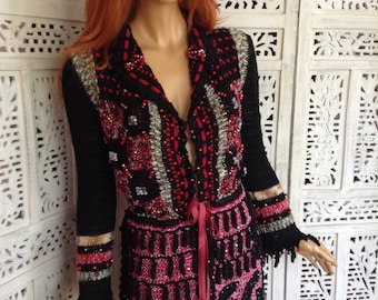 40% OFF jacket coat sweater bohemian colorful handmade knitted and crocheted crystals embroidered jacket OOAK ready to ship by golden yarn