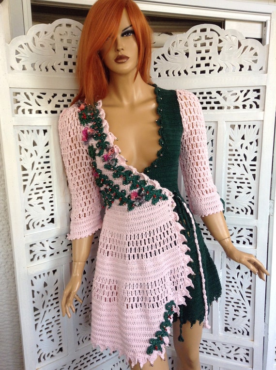 Dress Hand Knit Vintage Style Embroidered Eco Cotton Pink Green Dress:  Double Breasted A-line S Size Women Knitwear,gifts - Etsy