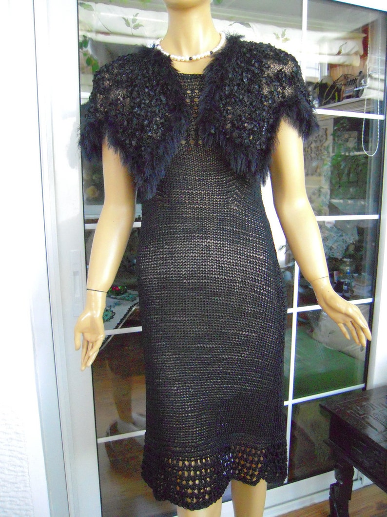 dress black dress handmade knitted crochet dress/sweater in black silk with cape ready to ship for her size M/L'OOAK by golden yarn image 5