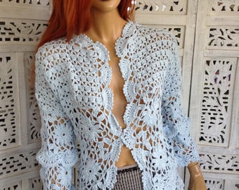 jacket cardigan handmade sexy crochet lace baby blue cotton  with frills LAST ONE ready to ship size M/L gift idea for her by goldenyarn