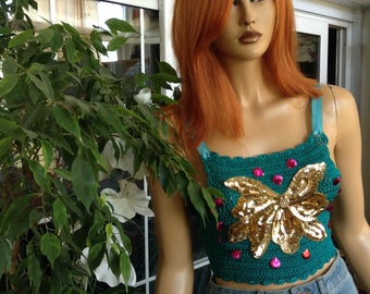 crop top Hand Crochet Silk  Embroidered Butterfly, Sequin Party Top,gifts