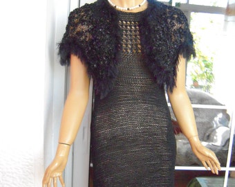 dress black dress handmade knitted crochet dress/sweater in black silk with cape ready to ship for her size M/L'OOAK by golden yarn