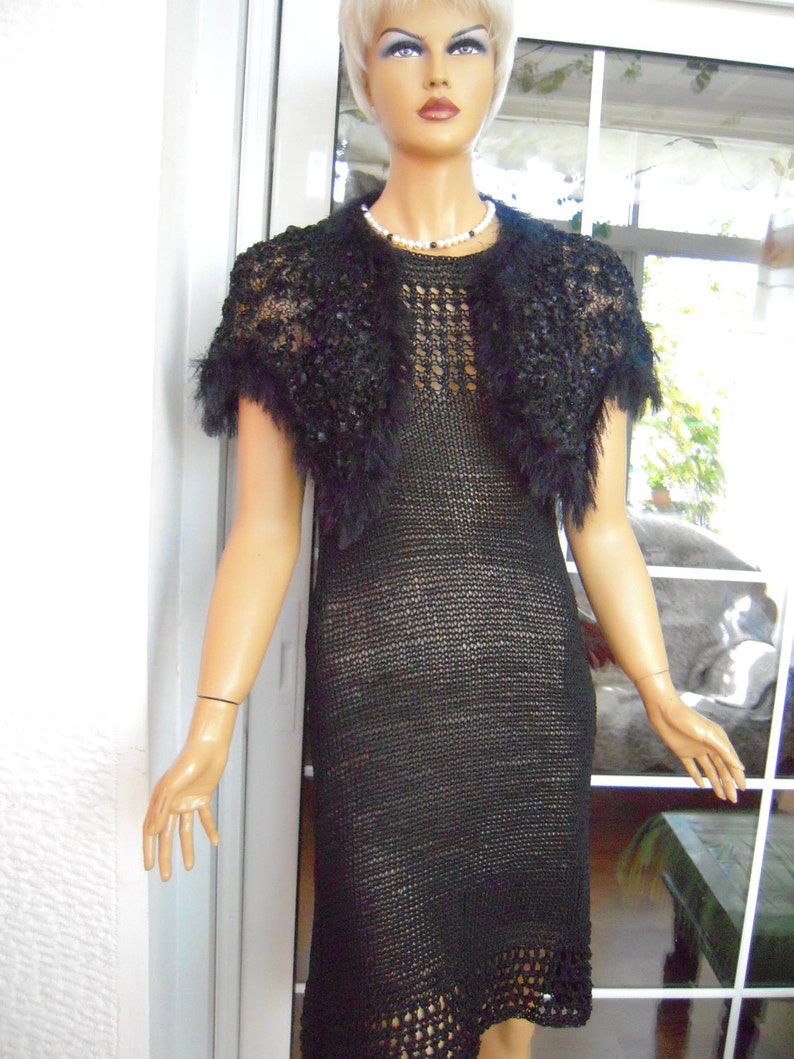 dress black dress handmade knitted crochet dress/sweater in black silk with cape ready to ship for her size M/L'OOAK by golden yarn 画像 1