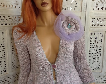 jacket light lilac  romantic stylish jacket pephem deep V neckline evening special event elegant pin flower by golden yarn