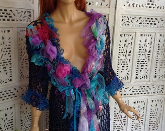 30% discount jacket XL dark blue purple kimono fishnet sparkle silk handmade crochet art to wear gift idea spring summer by golden yarn