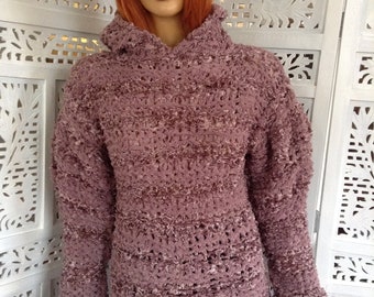 sweater dusty pink beige hooded handmade knitted jumper fancy velvet yarn puff sleeves last one in this shade by golden yarn