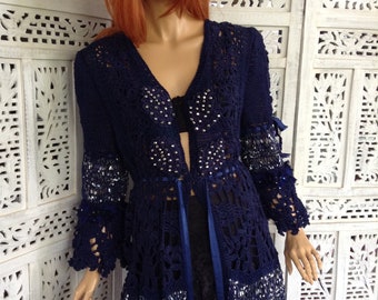 50% OFF jacket ink blue long cardigan coat hand crochet lace romantic embroidered sparkle beaded gift idea for her OOAK by goldenyarn