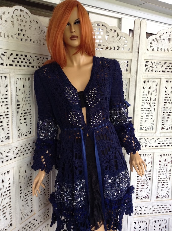 jacket Handmade deep blue Crochet embroidered Cardigan: Eco Cotton Artwear Coat with Crystals