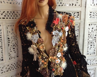 20% OFF Jacket  crochet black orange romantic boho fairy sweater for evening at the theatre wearable art hand embroidered  by golden yarn