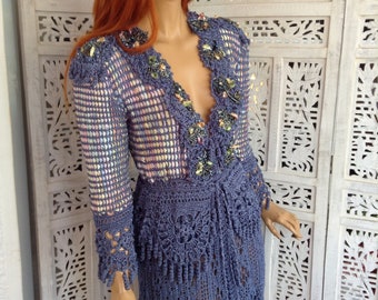 40%OFF NAXOS dress denim blue crochet silk woven embroidered impressive work of art unique gift idea for special women by golden yarn