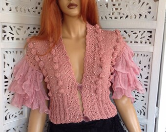 15% OFF jacket short handmade knitted romantic dark pink cotton frill tulle sleeves metallic pearls embroidered