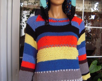 sweater handmade color block, oversized  knitted hoodie multicolor sweater with pockets ready to ship size L+ for her by goldenyarn