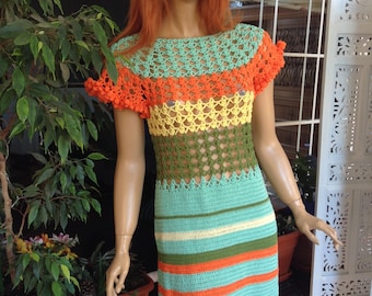 dress hand crochet  cotton stripe frill sleeves seamless multicolor  summer woman OOAK by goldenyarn